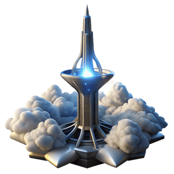 vibrant creative elegant traditional An impossibly tall tower piercing the clouds, metallic and glass construction, dramatic lighting with God rays, science fiction style exclusive exclusive png