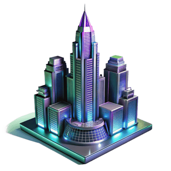elegant artistic impressive minimalist An Art Deco skyscraper with sleek chrome facades, reflecting a neon-lit cityscape at night, cinematic lighting, hyperrealistic style authentic authentic png