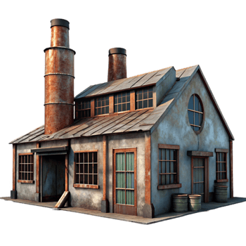 wonderful creative impressive classic An abandoned industrial factory with rusted metal and broken windows, dim overcast lighting, photorealistic style authentic exclusive png