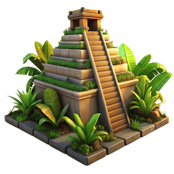 dramatic artistic serene vintage A Mayan pyramid temple overgrown with jungle vegetation, dramatic sunset lighting, ancient style exclusive exclusive png