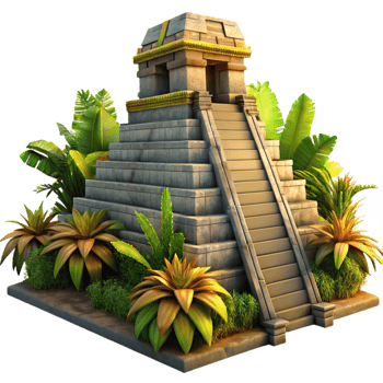 elegant artistic elegant modern A Mayan pyramid temple overgrown with jungle vegetation, dramatic sunset lighting, ancient style authentic original png