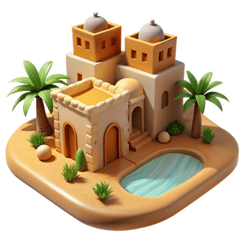 serene minimalist vibrant traditional A desert oasis with traditional mud-brick architecture, warm midday sunlight, Middle Eastern style 4K high quality png