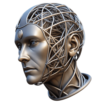 elegant abstract elegant modern A surrealist sculpture of a human head made of interconnected wires and cables, metallic textures, dramatic chiaroscuro lighting, surrealism style high resolution... png