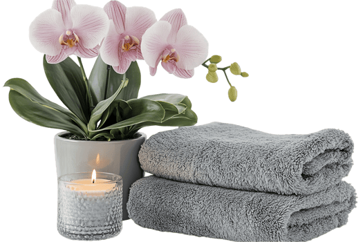 Pink Orchids Grey Towels and Lit Candle png