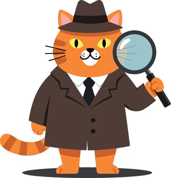Orange cat detective wearing a brown trench coat and fedora, holding a magnifying glass, illustrated in a flat design style, art vector