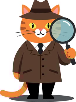 A charming orange cat detective in a brown trench coat and fedora holding a magnifying glass in a playful minimal illustration vector