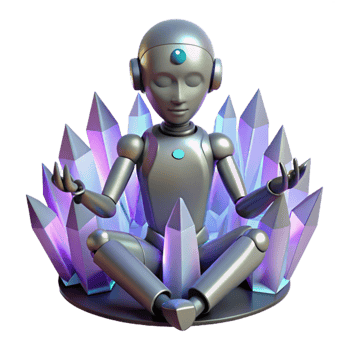 serene minimalist elegant abstract A humanoid robot meditating amidst a field of glowing crystals, soft, ambient lighting, art deco style, genuine authentic png