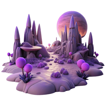 vibrant creative magnificent minimalist A desolate alien landscape, with strange, rock formations and glowing purple vegetation, bathed in the eerie light of a binary sunset.... png