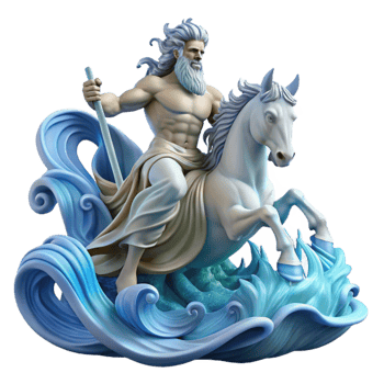 vibrant contemporary dramatic vintage Poseidon, God of the Sea, commanding a tempestuous ocean from his chariot pulled by hippocamps, waves crashing around him in a dynamic composition, art... png