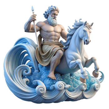 beautiful vintage beautiful rustic Poseidon, God of the Sea, commanding a tempestuous ocean from his chariot pulled by hippocamps, waves crashing around him in a dynamic composition, art nouveau... png
