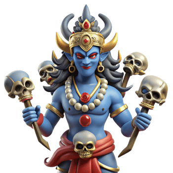 dramatic abstract vibrant abstract A fierce Kali, adorned with skulls and wielding weapons, standing on a defeated demon, vibrant colors and intricate details, in a traditional Indian painting... png