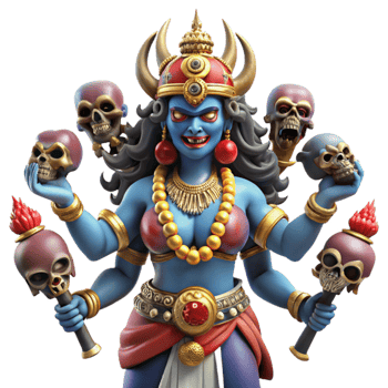 beautiful modern beautiful abstract A fierce Kali, adorned with skulls and wielding weapons, standing on a defeated demon, vibrant colors and intricate details, in a traditional Indian painting... png