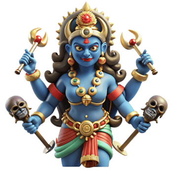 vibrant creative elegant vintage A fierce Kali, adorned with skulls and wielding weapons, standing on a defeated demon, vibrant colors and intricate details, in a traditional Indian painting style... png