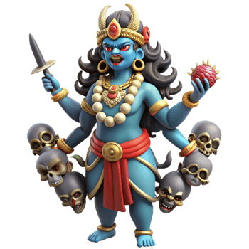 vibrant rustic stunning artistic A fierce Kali, adorned with skulls and wielding weapons, standing on a defeated demon, vibrant colors and intricate details, in a traditional Indian painting style... png