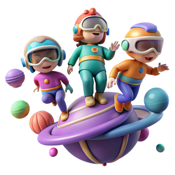 magnificent rustic vibrant creative A group of children, wearing futuristic clothing, play amongst the floating islands of a gas giant. Whimsical, colorful style detailed 4K png