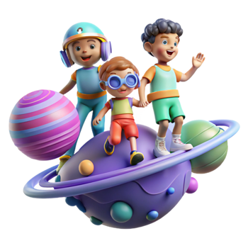serene modern elegant classic A group of children, wearing futuristic clothing, play amongst the floating islands of a gas giant. Whimsical, colorful style exclusive premium png