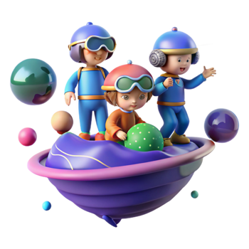 serene rustic extraordinary traditional A group of children, wearing futuristic clothing, play amongst the floating islands of a gas giant. Whimsical, colorful style original detailed png