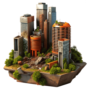 beautiful traditional impressive modern Post-apocalyptic cityscape, crumbling skyscrapers, overgrown with vegetation, rusty metal and broken concrete, orange and brown color palette, digital... png