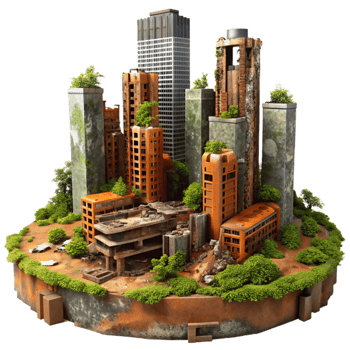 wonderful creative vibrant minimalist Post-apocalyptic cityscape, crumbling skyscrapers, overgrown with vegetation, rusty metal and broken concrete, orange and brown color palette, digital... png