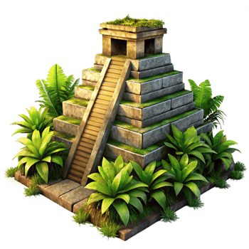 elegant minimalist dramatic modern An ancient Mayan pyramid, overgrown with jungle vegetation, weathered stone, dramatic sunset lighting, photorealistic rendering original detailed png