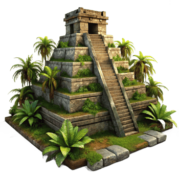 impressive abstract serene rustic An ancient Mayan pyramid, overgrown with jungle vegetation, weathered stone, dramatic sunset lighting, photorealistic rendering high quality detailed png