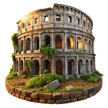 serene rustic dramatic artistic A crumbling Roman colosseum, overgrown with vegetation, weathered stone, dramatic sunset lighting, historical painting style detailed authentic png