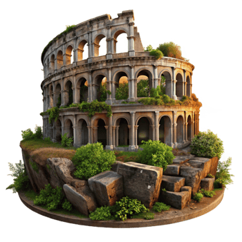 serene creative wonderful traditional A crumbling Roman colosseum, overgrown with vegetation, weathered stone, dramatic sunset lighting, historical painting style detailed high resolution png