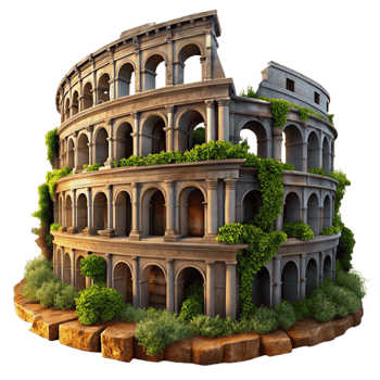 dramatic creative elegant creative A crumbling Roman colosseum, overgrown with vegetation, weathered stone, dramatic sunset lighting, historical painting style high resolution genuine png