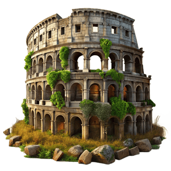 serene rustic stunning artistic A crumbling Roman colosseum, overgrown with vegetation, weathered stone, dramatic sunset lighting, historical painting style genuine high quality png