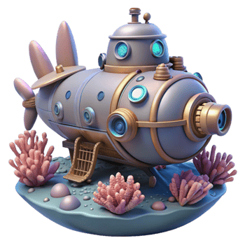 impressive minimalist beautiful creative A steampunk submarine navigating through a coral reef, bioluminescent lighting, highly detailed, cinematic style, original authentic png