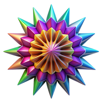 extraordinary artistic vibrant minimalist A kaleidoscopic pattern of geometric shapes, radiating outwards in a burst of vibrant color, illuminated by a bright, multicolored light source high... png