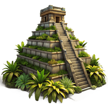 beautiful minimalist serene contemporary A colossal, ancient ziggurat overgrown with jungle vegetation, dramatic sunset lighting, mysterious, hyperrealistic, high resolution high resolution png