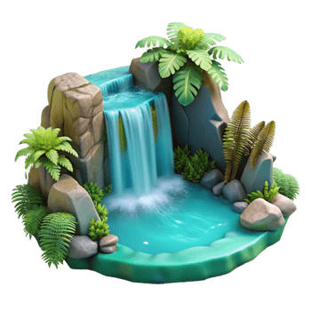 serene traditional stunning traditional A cascading waterfall flowing into a crystal-clear turquoise pool, surrounded by ferns and moss, soft diffused light, fantasy art high resolution high... png