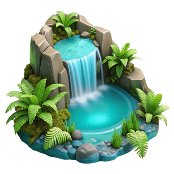 beautiful abstract dramatic artistic A cascading waterfall flowing into a crystal-clear turquoise pool, surrounded by ferns and moss, soft diffused light, fantasy art genuine high quality png