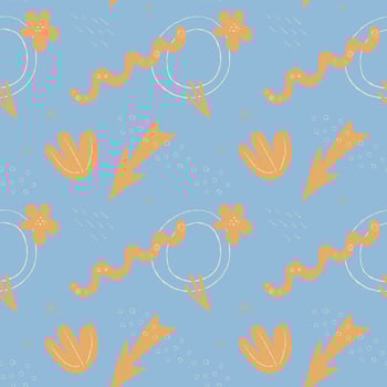 Seamless abstract yellow pattern with hand-drawn shapes and floral silhouettes on a blue background. Modern boho style, seamless pattern vector