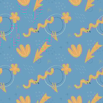 Seamless abstract yellow pattern with hand-drawn shapes on a blue background. Modern boho style, seamless pattern vector