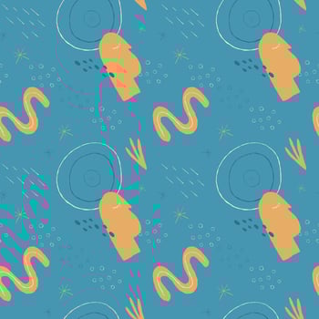 Seamless abstract yellow pattern with hand drawn floral and organic shapes on a blue background. Modern boho style vector