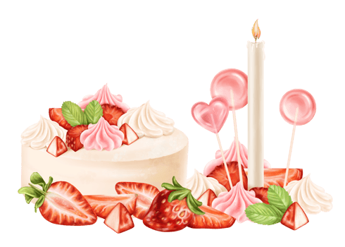 Composition of cake, cupcakes, strawberry slices, marshmallows, meringue and lollipops. Berry confectionery sweets. Festive food for parties, table decoration. Digital isolated illustration png