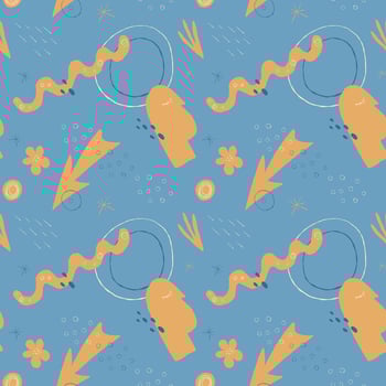 Art Seamless abstract pattern with hand-drawn floral and organic shapes on a blue background. Modern boho style, perfect for textiles, wallpaper, wrapping paper, and branding. vector
