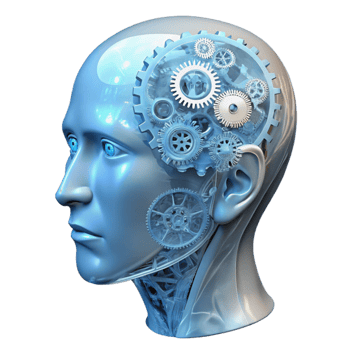 magnificent creative impressive modern A transparent human head filled with intricate gears and wires, illuminated by a cool white light, anatomical drawing style 4K high quality png