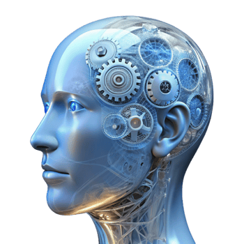 serene rustic wonderful abstract A transparent human head filled with intricate gears and wires, illuminated by a cool white light, anatomical drawing style high quality exclusive png