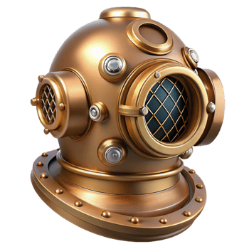 vibrant contemporary dramatic classic A steampunk diver helmet, brass and glass, intricate valves and pipes, underwater lighting, hyperrealistic detail 4K high quality png
