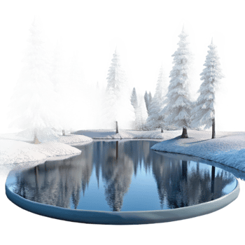 stunning modern wonderful artistic A frozen lake reflecting a clear winter sky, snow-covered trees lining the shore, serene, peaceful, high resolution authentic png