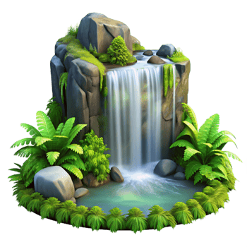 elegant creative wonderful minimalist A cascading waterfall crashing onto moss-covered rocks, surrounded by lush, vibrant green ferns, with misty, ethereal lighting, in a romantic painting style... png