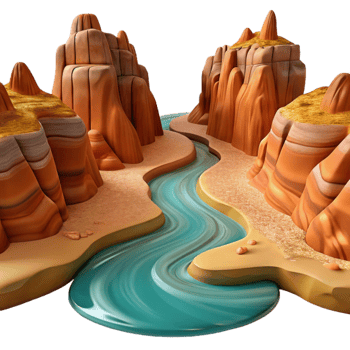 beautiful artistic vibrant creative A winding river flowing through a canyon, with dramatic rock formations and warm, desert lighting, in a Western landscape painting style professional professional png