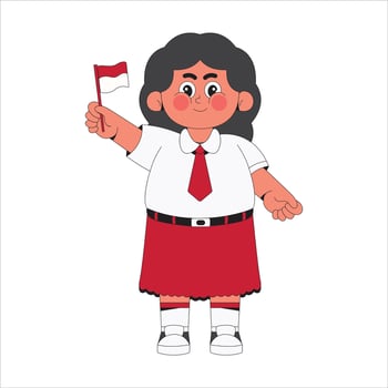Cute girl student holding Indonesian flag cartoon character illustration vector