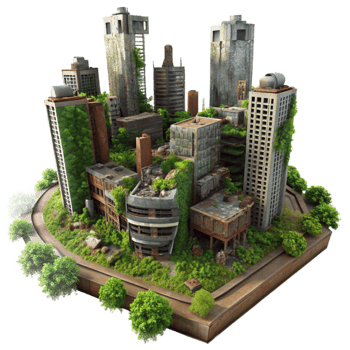 extraordinary creative stunning traditional A post-apocalyptic cityscape, ruined skyscrapers, overgrown with vegetation, rusty metal, eerie green lighting, desolate, haunting, dystopian authentic... png