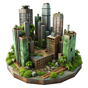 impressive traditional dramatic minimalist A post-apocalyptic cityscape, ruined skyscrapers, overgrown with vegetation, rusty metal, eerie green lighting, desolate, haunting, dystopian original... png