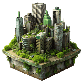 elegant vintage impressive abstract A post apocalyptic cityscape, ruined skyscrapers, overgrown with vegetation, rusty metal, eerie green lighting, desolate, haunting, dystopian genuine 4K png