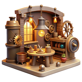 wonderful contemporary elegant rustic A scene depicting a steampunk workshop, filled with tools, gears, and inventions, cluttered yet organized, warm, inviting lighting high resolution original png